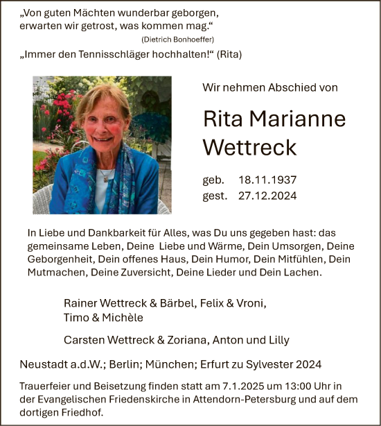 Todesanzeige von Rita Marianne Wettreck von WA