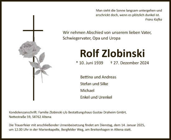 Todesanzeige von Rolf Zlobinski von WA