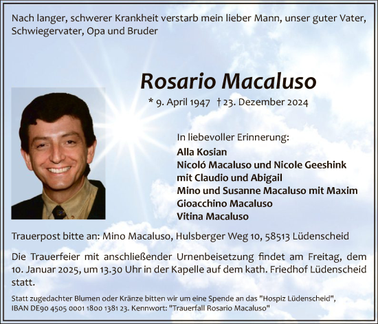 Todesanzeige von Rosario Macaluso von WA
