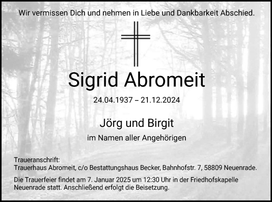 Todesanzeige von Sigrid Abromeit von WA
