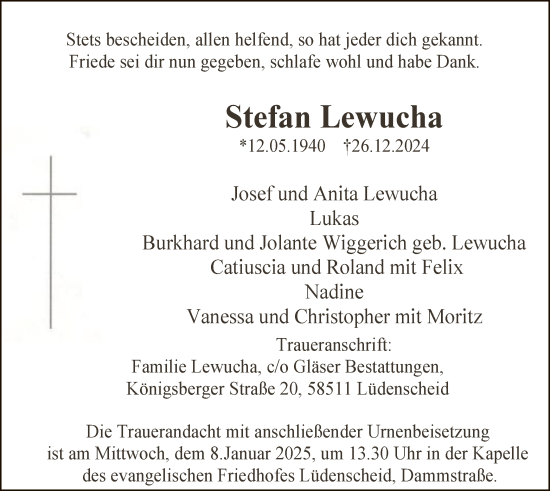 Todesanzeige von Stefan Lewucha von WA