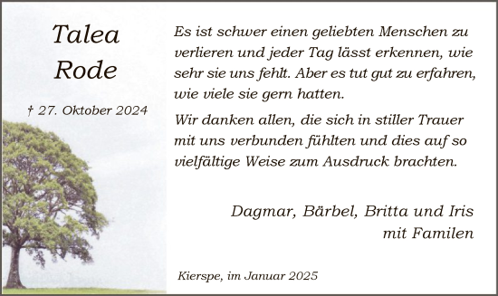 Todesanzeige von Talea Rode von WA