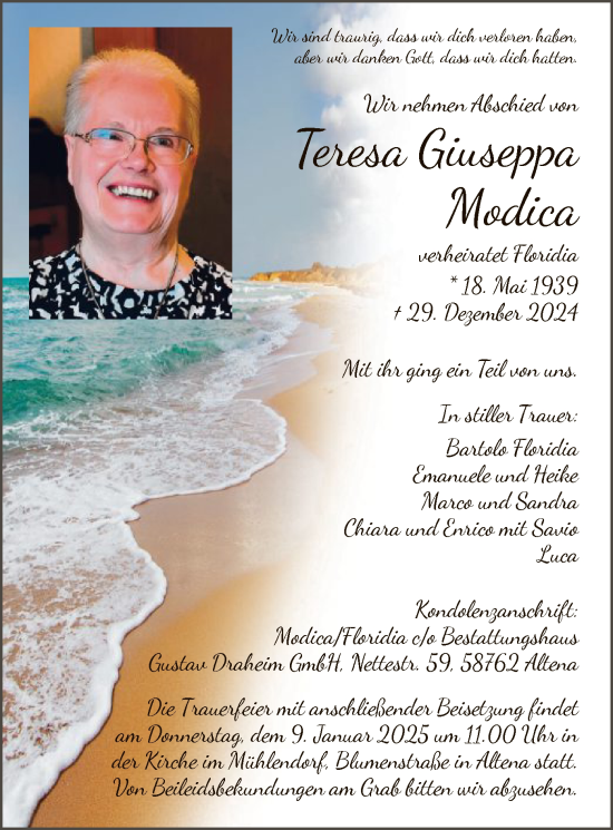 Todesanzeige von Teresa Giuseppa Floridia von WA