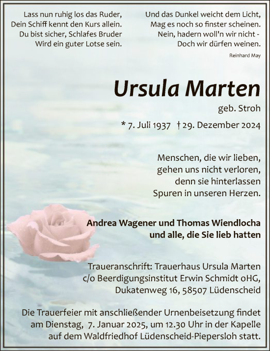 Todesanzeige von Ursula Marten von WA