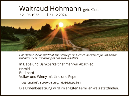 Todesanzeige von Waltraud Hohmann von WA