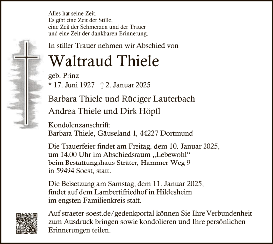 Todesanzeige von Waltraud Thiele von WA