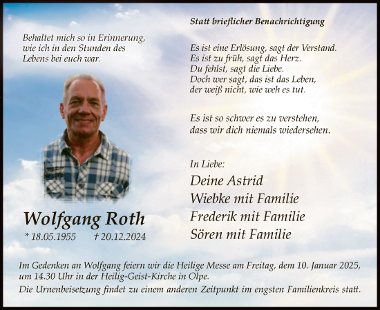 Todesanzeige von Wolfgang Roth von WA