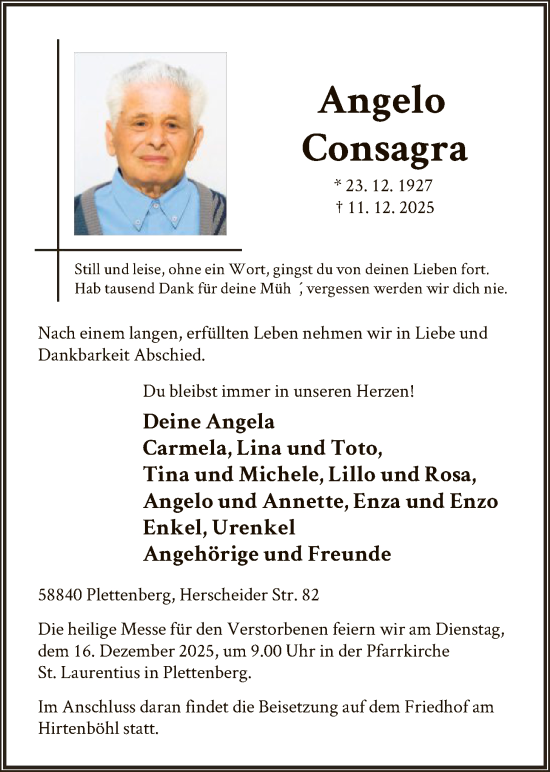 Todesanzeige von Angelo Consagra von HALN