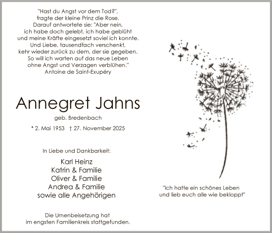 Todesanzeige von Annegret Jahns von HAWA
