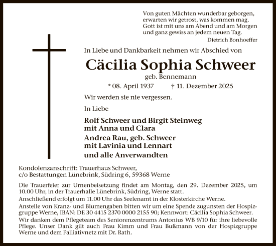 Todesanzeige von Cäcilia Sophia Schweer von HAWA