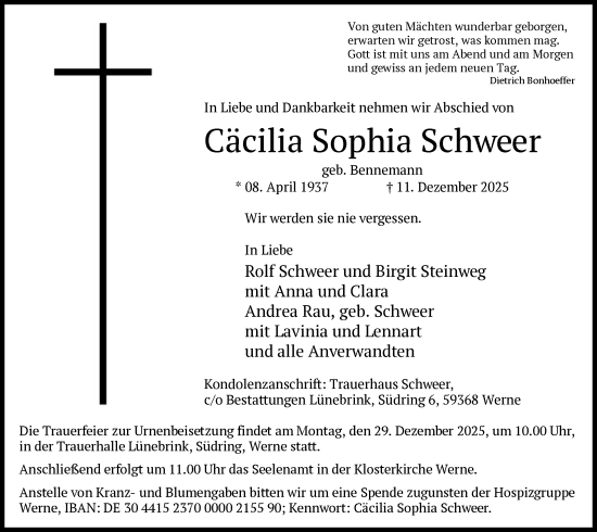 Todesanzeige von Cäcilia Sophia Schweer von HAWA
