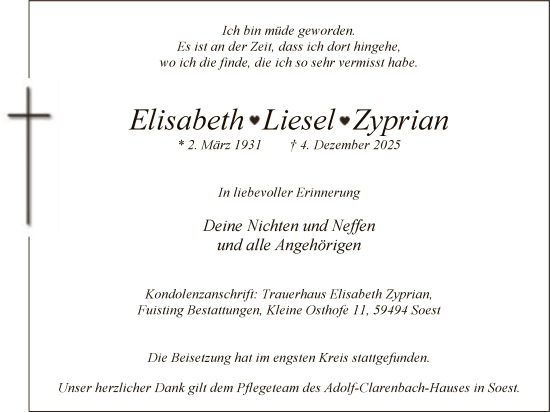 Todesanzeige von Elisabeth Zyprian von HASO