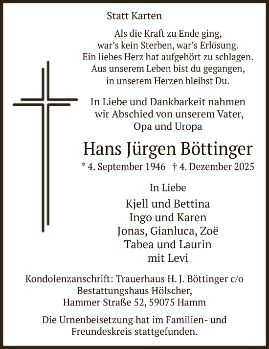 Todesanzeige von Hans Jürgen Böttinger von HAWA