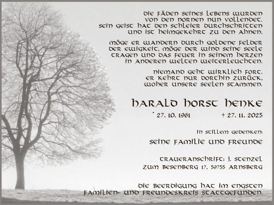 Todesanzeige von Harald Horst Henke von HASK