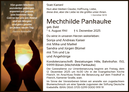 Todesanzeige von Mechthilde Pankauke von HAWA
