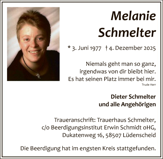 Todesanzeige von Melanie Schmelter von HALN