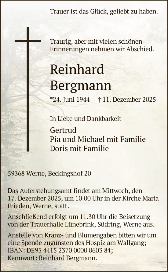 Todesanzeige von Reinhard Bergmann von HAWA