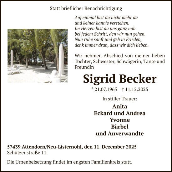 Todesanzeige von Sigrid Becker von HASK