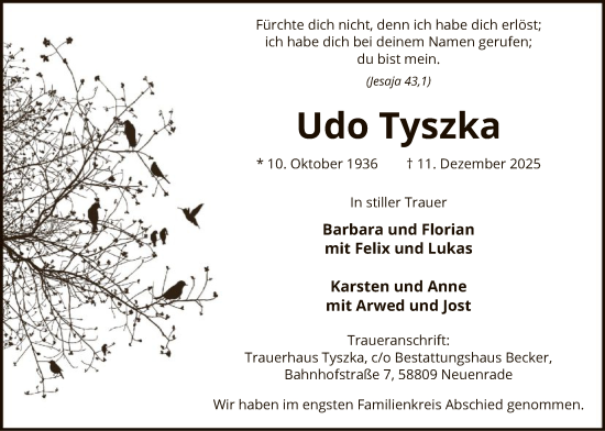 Todesanzeige von Udo Tyszka von HALN
