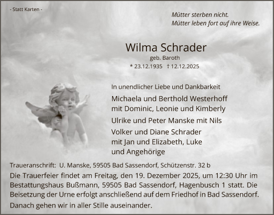 Todesanzeige von Wilma Schrader von HASO