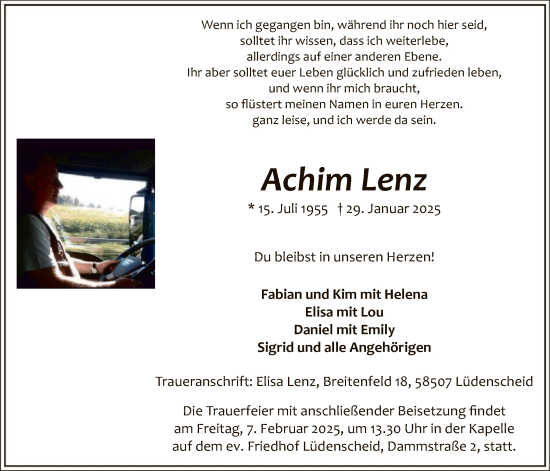 Todesanzeige von Achim Lenz von WA