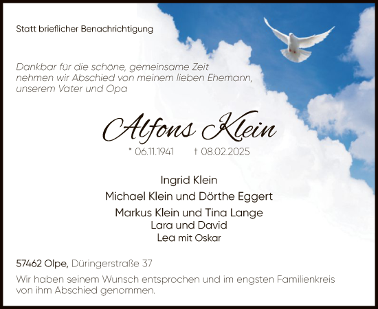 Todesanzeige von Alfons Klein von WA