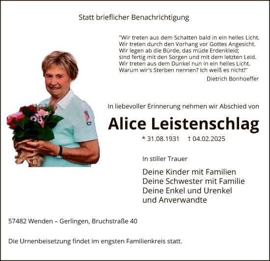 Todesanzeige von Alice Leistenschlag von WA