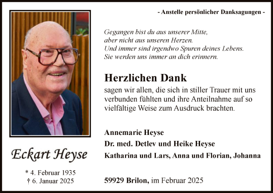 Todesanzeige von Annemarie Heyse von WA