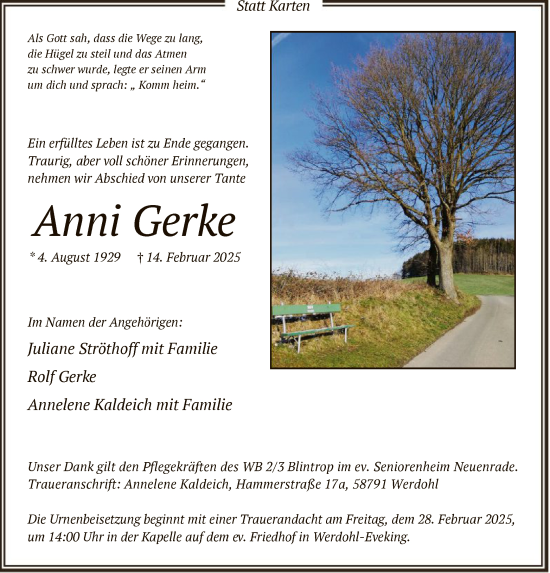 Todesanzeige von Anni Gerke von WA