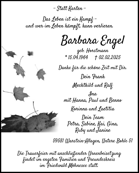 Todesanzeige von Barbara Engel von WA