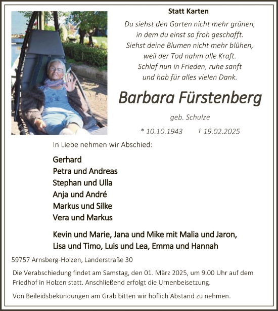 Todesanzeige von Barbara Fürstenberg von WA