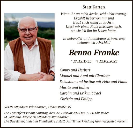 Todesanzeige von Benno Franke von WA