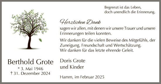Todesanzeige von Berthold Grote von WA