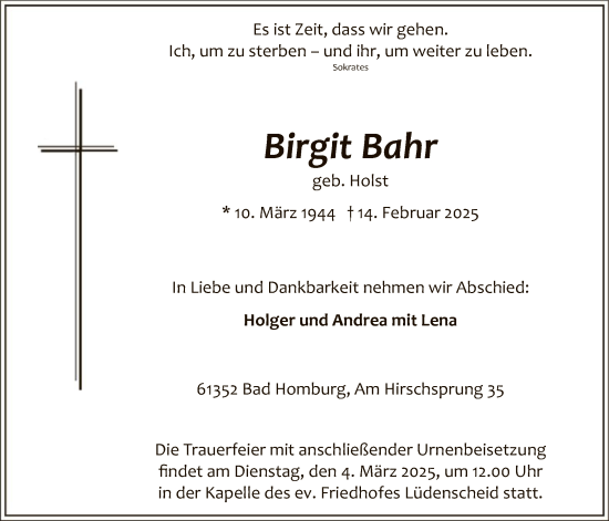 Todesanzeige von Birgit Bahr von WA