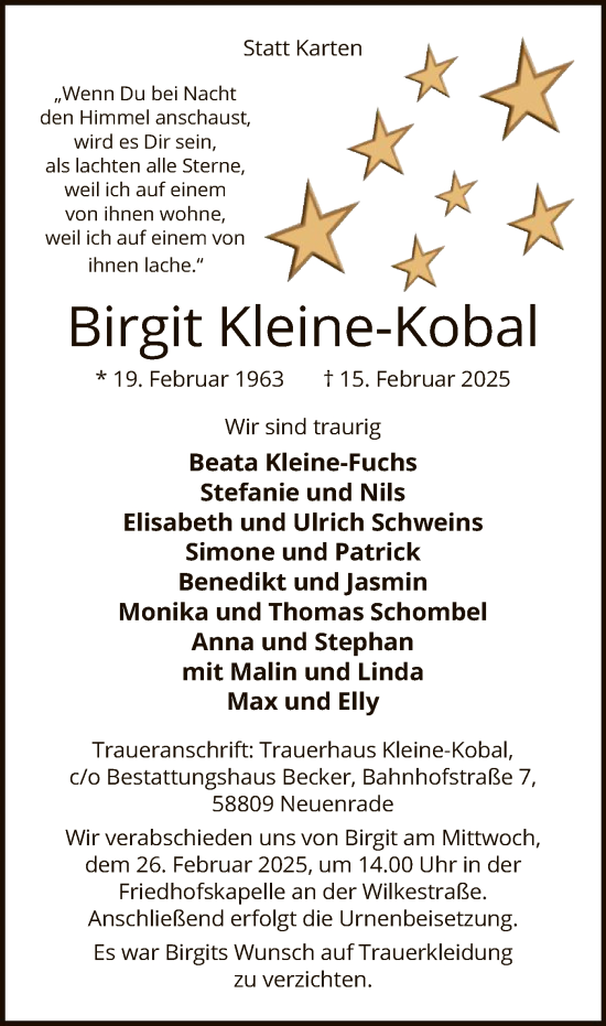 Todesanzeige von Birgit Kleine-Kobal von WA