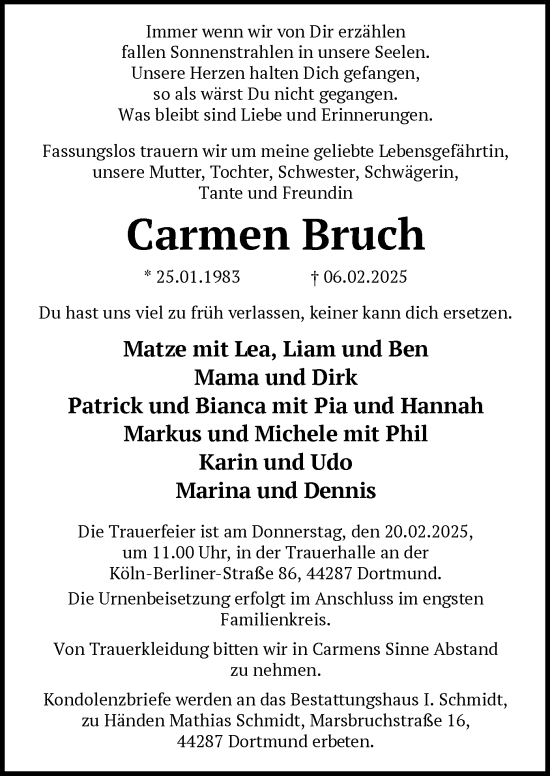 Todesanzeige von Carmen Bruch von WA