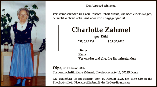 Todesanzeige von Charlotte Zahmel von WA