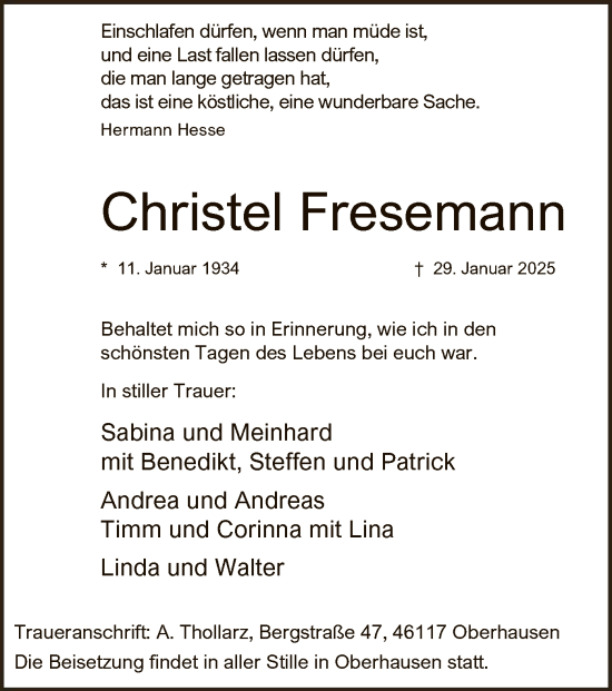 Todesanzeige von Christel Fresemann von WA