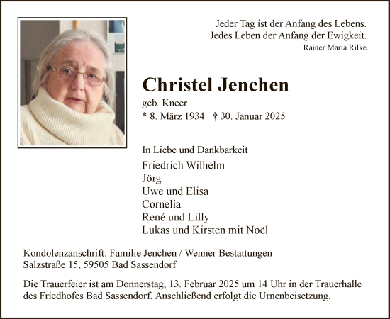 Todesanzeige von Christel Jenchen von WA