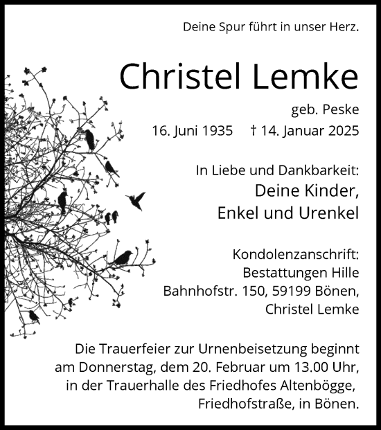 Todesanzeige von Christel Lemke von WA