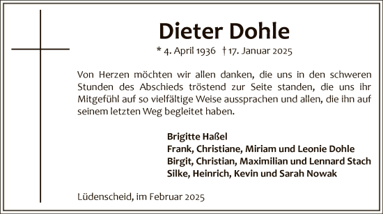 Todesanzeige von Dieter Dohle von WA