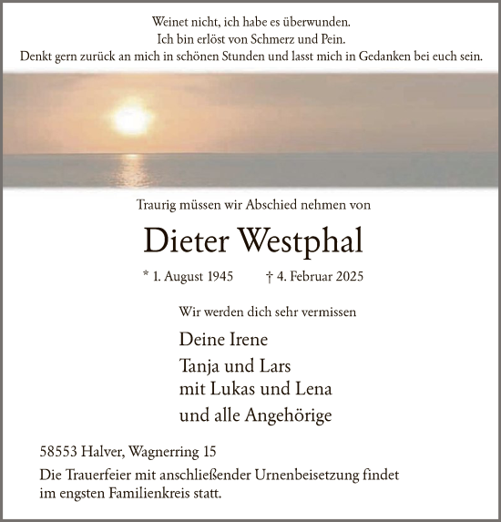 Todesanzeige von Dieter Westphal von WA
