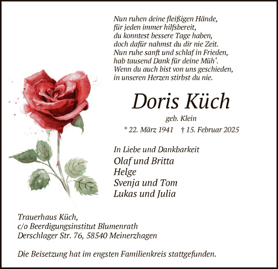 Todesanzeige von Doris Küch von WA