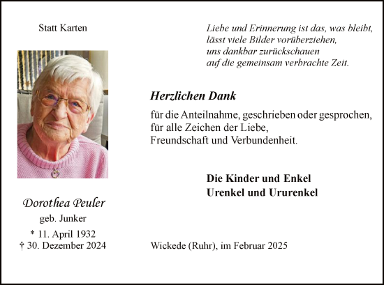 Todesanzeige von Dorothea Peuler von WA