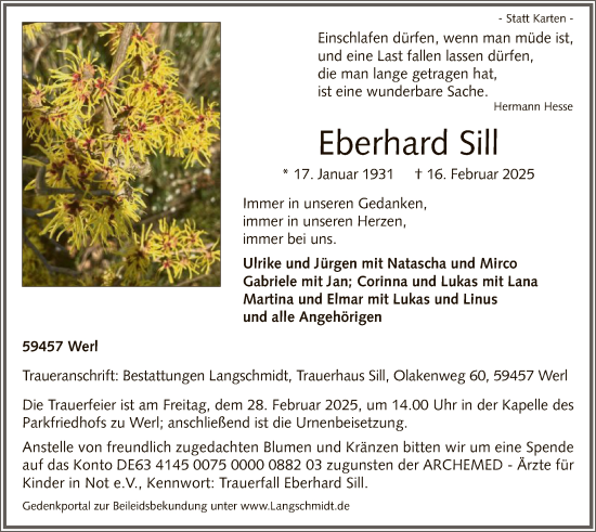 Todesanzeige von Eberhard Sill von WA