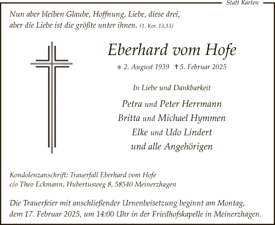 Todesanzeige von Eberhard vom Hofe von WA