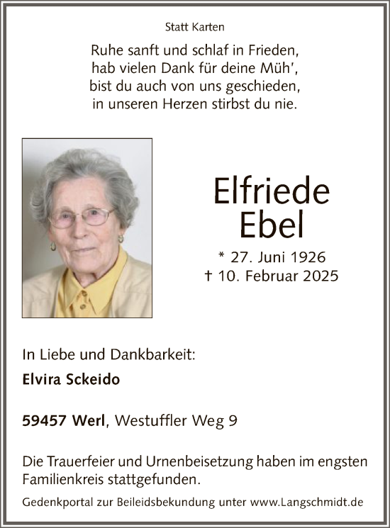 Todesanzeige von Elfriede Ebel von WA