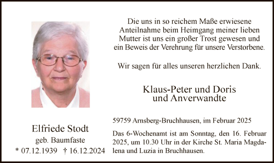 Todesanzeige von Elfriede Stodt von WA