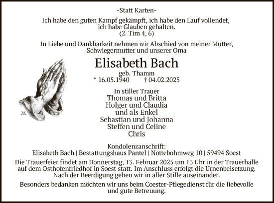 Todesanzeige von Elisabeth Bach von WA