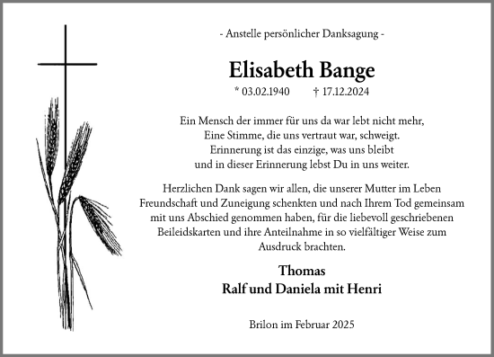 Todesanzeige von Elisabeth Bange von WA